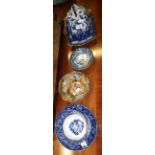 A large Burslam blue and white pottery cup and saucer, a Japanese Satsuma bowl, a Victorian cheese