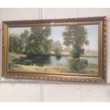 Douglas H Chaffey: An oil on canvas study, river scene with trees and fields in gilt frame