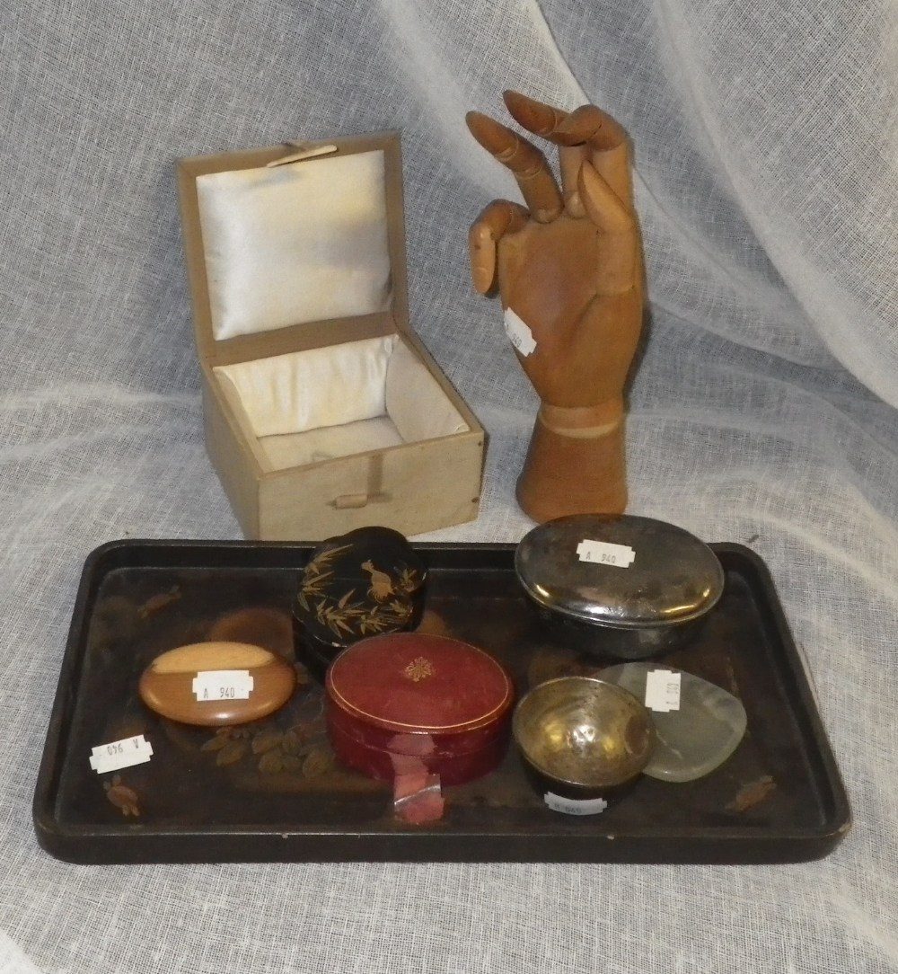 A wooden articulated hand, lacquer box and other items