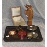 A wooden articulated hand, lacquer box and other items