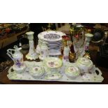 An Edwardian green and floral decorated dressing table set, a quantity of collector's plates and a