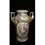 A Continental porcelain twin-handled vase with painted floral decoration