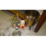 A brass footed coal scuttle with lion-mask handles, a vintage Rupert Bear and similar items