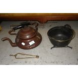 An Edwardian brass kettle, a metal miniature cauldron and a set of miniature Georgian brass fire