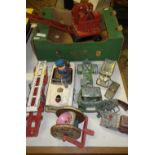A vintage 1950's tin plate Japanese battery operated police car, a tri-ang tin plate crane and
