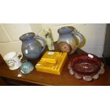 An Art Pottery jug, a Victorian cranberry glass sugar bowl and other china and pottery