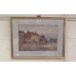 C Georges (possibly Charles E Georges): A late Victorian watercolour study of cottages and a woman