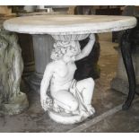 A reconstituted stone garden table, supported by a cherubic style figure