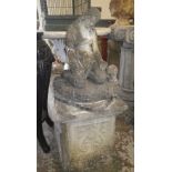 A 19th century marble study of a grieving woman next to a skull, on an associated square plinth