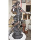 A late 19th century French spelter figure of a young maiden 'Les Hirondelles', 36" high