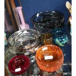 An orange Whitefriars tangerine glass bowl and a collection of similar glassware