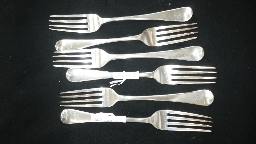 A matched set of six table forks, various dates and makers