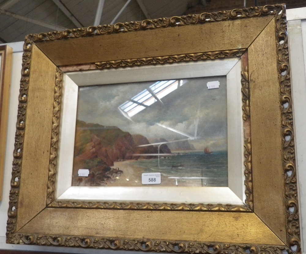 A late 19th century oil on canvas coastal scene with cliffs, boats and figures in gilt frame