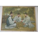 'Sicho'; an oil on board study of three Chinese men playing chequers and smoking Opium pipes