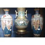 A pair of cloisonne vases 12" high and another similar on a wooden stand (13" including stand)