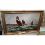 A Victorian oil on canvas coastal scene with fishing boats in a rough sea, signed E A Garnar