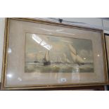 A 19th century watercolour of a nautical scene, with yachts, light ship and paddle steamer,