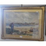 W B Mitchell: A watercolour beach scene with fisher girls, in a gilt frame