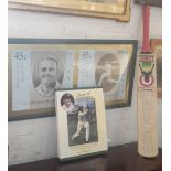 Sir Donald Bradman; A framed enlarged pair of stamps, signed in pencil, book, "Images of Bradman"