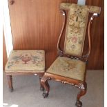 A Victorian mahogany pre-dieu chair with lyre-shaped back and needlework covers, together with a