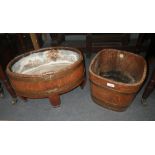 A brass bound teak jardiniere with maker's label "Lister and Co Ltd Dursley England" and a similar