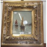 H Fabre: An oil on panel, coastal scene with fishing boats, signed lower left in a moulded gilt