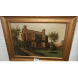 An early 20th century naive oil on canvas painting of a small country house with garden, signed 'F