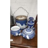 A blue and white Adams Jasper-ware biscuit barrel with plated mounts and similar ceramics