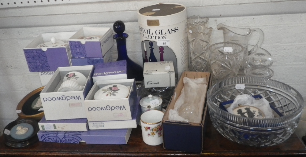 A Bristol blue glass decanter (boxed), a collection of similar glassware, a collection of boxed