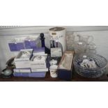 A Bristol blue glass decanter (boxed), a collection of similar glassware, a collection of boxed