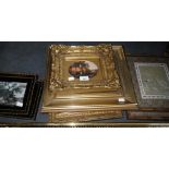 A reproduction of an equestrian scene, in gilt frame, together with various other pictures