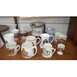 A Victorian biscuit barrel with plated mounts, a collection of royal commemorative ceramics and a