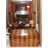 A 19th century parquetry tea caddy, a dressing mirror and similar items