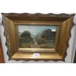 An oil on canvas sketch of a landscape with trees and path, in gilt frame