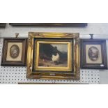 An overpainted reproduction of a farmyard scene, in a gilt frame, together with two small oil