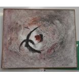 An abstract oil on board painting, signed 'Newcombe', inscribed verso 'Here and There, Newcombe, Lon