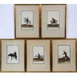 CHINESE SILK FIGURE PAINTINGS, SET OF FIVE, H  11", W 7": Each depicting a Chinese figure