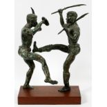 THAI OR INDIAN MARTIAL ARTS BRONZE SCULPTURE, C.  1983, H 17", W 13": Two males fighting;