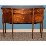 SHERATON STYLE MAHOGANY SIDEBOARD, H 38", W 50":  Fitted with three drawers above four doors.