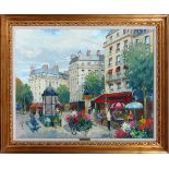CONSTANTIN KLUGE, OIL ON CANVAS, PARIS SCENE,  28" X 35": Signed. Label from Wally Findlay