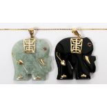 14KT YELLOW GOLD, CARVED JADE & ONYX ELEPHANT  PENDANTS, TWO, WITH NECKLACE, L 17": Including  two