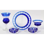 BOHEMIAN COBALT BLUE CUT OVERLAY CRYSTAL TABLE  WARE, C.1900, 31 PIECES: 8 goblets @ 7", 11  plates