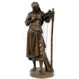 EUTROPE BOURET [FRENCH, 1833-1906], BRONZE  SCULPTURE, H 26 1/2" W 11", HARP PLAYER: Signed  at the