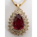 PINK SAPPHIRE & DIAMOND PENDANT/ENHANCER, L 1  1/4", WITH A 14KT GOLD NECKLACE: A yellow gold