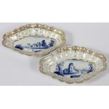 ENGLISH PORCELAIN DESSERT DISHES, LATE 18TH C.,  PAIR, L 10", PROBABLY CAUGHLEY: One depicting a