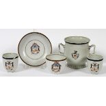 CHINESE EXPORT ARMORIAL PORCELAIN TABLEWARE,  ANTIQUE, 5 PCS, H 2 1/2"-4 1/2": Including one