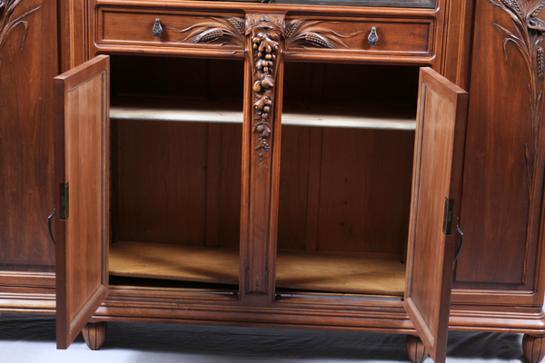 ATTRIB. TO MAJORELLE, ART NOUVEAU WALNUT  CABINET, C. 1900, H 73" W 78" D 16": Attributed  to Louis - Image 4 of 5