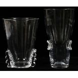 STEUBEN GLASS VASES, TWO: One vase is H 7.5",  Dia 6.5" while the second I H 9", Dia 4.75".