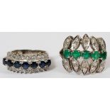 WHITE GOLD & GEMSTONE RINGS, TWO: Including 1  18kt white gold ring set with five round  emeralds