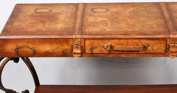 WORLD MAP TABLE, C1940, H 30", L 50", D 22",  LEATHER AND IRON: The top of the single drawer  table - Image 3 of 3